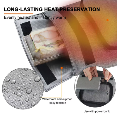 Sacchetto elettrico per il riscaldamento del pranzo compatibile con più pasti, USB riscaldatore alimentare impermeabile contiene diversi tipi di alimenti, controllo della temperatura a 50-59 °C a 3 livelli, carica rimovibile lavabile a prova di perdite per viaggi all'aperto