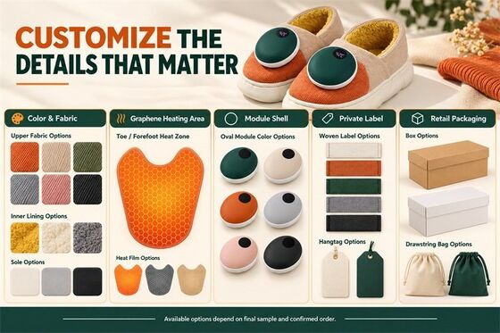 Pantofole magnetiche riscaldanti staccabili, modulo di riscaldamento al grafene con display digitale, etichetta materiale personalizzata a colori e confezione