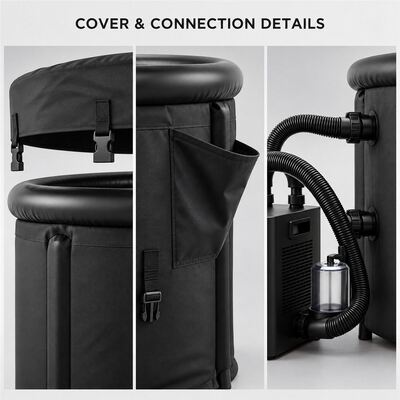Vasca per Bagno nel Ghiaccio con Refrigeratore Esterno Vasca Rotonda Nera per Cold Plunge con Due Tubi dell'Acqua, Filtro e Copertura con Fibbie per Progetti Personalizzati