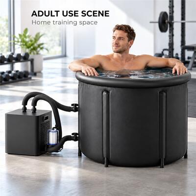 Vasca per Bagno nel Ghiaccio con Refrigeratore Esterno Vasca Rotonda Nera per Cold Plunge con Due Tubi dell'Acqua, Filtro e Copertura con Fibbie per Progetti Personalizzati