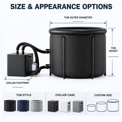 Vasca per Bagno nel Ghiaccio con Refrigeratore Esterno Vasca Rotonda Nera per Cold Plunge con Due Tubi dell'Acqua, Filtro e Copertura con Fibbie per Progetti Personalizzati