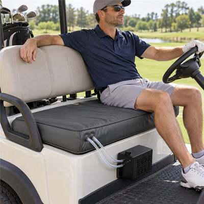 Coprisedile a doppio modo per golf cart 24V, raffreddamento ad acqua e riscaldamento al grafene, coprisedile impermeabile con cinghie a fibbia e scatola di raffreddamento esterna, dimensioni personalizzate, colore, logo e confezione