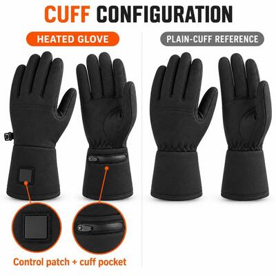 Graphene Heated Gloves, Black Winter Gloves with Cuff Control Patch and Zippered Battery Pocket, Long Cuff, Custom Size Color Private Label and Packaging for OEM ODM Projects