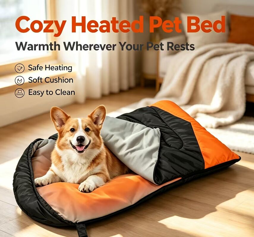 Sacco a pelo riscaldato OEM ODM personalizzato per cani, temperatura regolabile a 3 livelli, sacco a pelo per animali domestici in cotone cavo con etichetta privata 71*108 cm, logo e imballaggio personalizzati per campeggio, viaggi, casa, esterni, certificato CE FCC