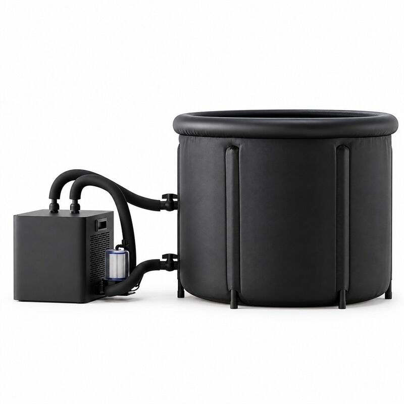 Vasca per Bagno nel Ghiaccio con Refrigeratore Esterno Vasca Rotonda Nera per Cold Plunge con Due Tubi dell'Acqua, Filtro e Copertura con Fibbie per Progetti Personalizzati