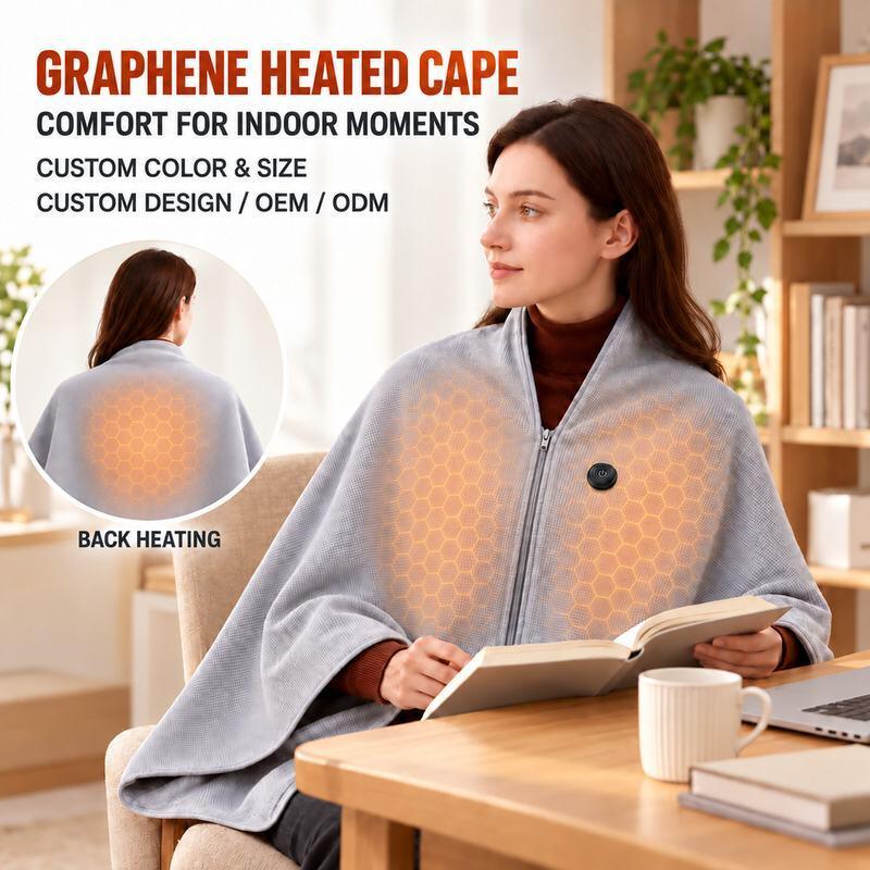 Graphene Heated Cape with Front and Back Heating Areas, USB Power Bank Supply in Inner Pocket, Custom Size Color Hood OEM ODM