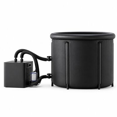 Vasca per Bagno nel Ghiaccio con Refrigeratore Esterno Vasca Rotonda Nera per Cold Plunge con Due Tubi dell'Acqua, Filtro e Copertura con Fibbie per Progetti Personalizzati
