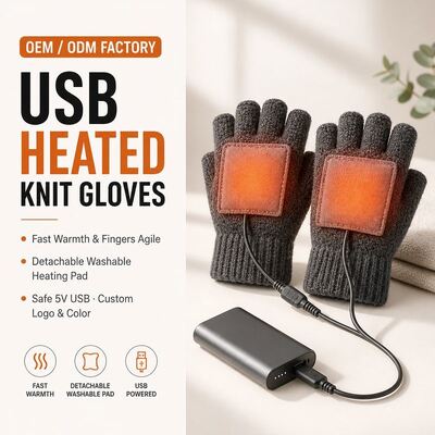 Guanti a maglia riscaldati USB, guanti invernali senza dita da 5V con cuscinetto di riscaldamento in velcro staccabile, calore costante da 40-50 °C, protezione dal surriscaldamento, CE FCC RoHS, logo e confezione a colori personalizzati