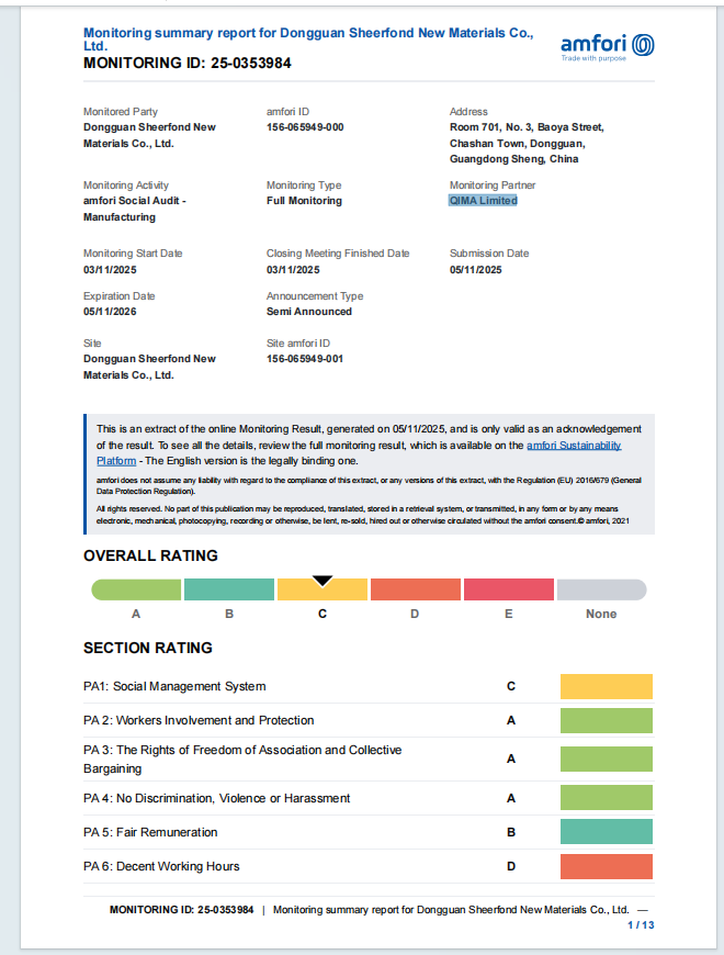 Cina Dongguan Sheerfond New Materials Co., Ltd. Certificazioni