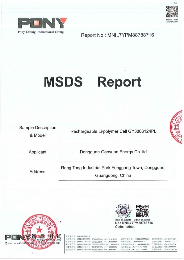 Cina Dongguan Gaoyuan Energy Co., Ltd Certificazioni